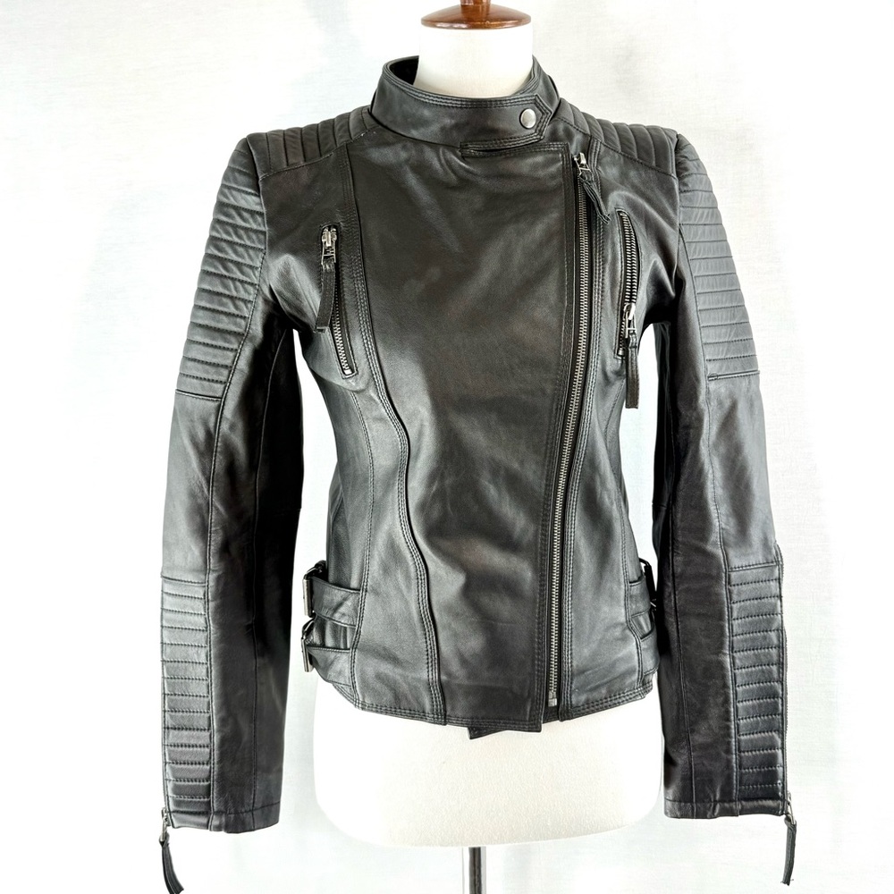 Lookbook Store Black Lambskin Moto Zipper Leather Jacket